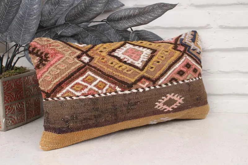 Interior Designer Pillow, Throw Kilim Pillow, Ethnic Throw Pillow Sham, Pillow Cover, 8x16 Brown Cushion, Home Decor Pillow - 3