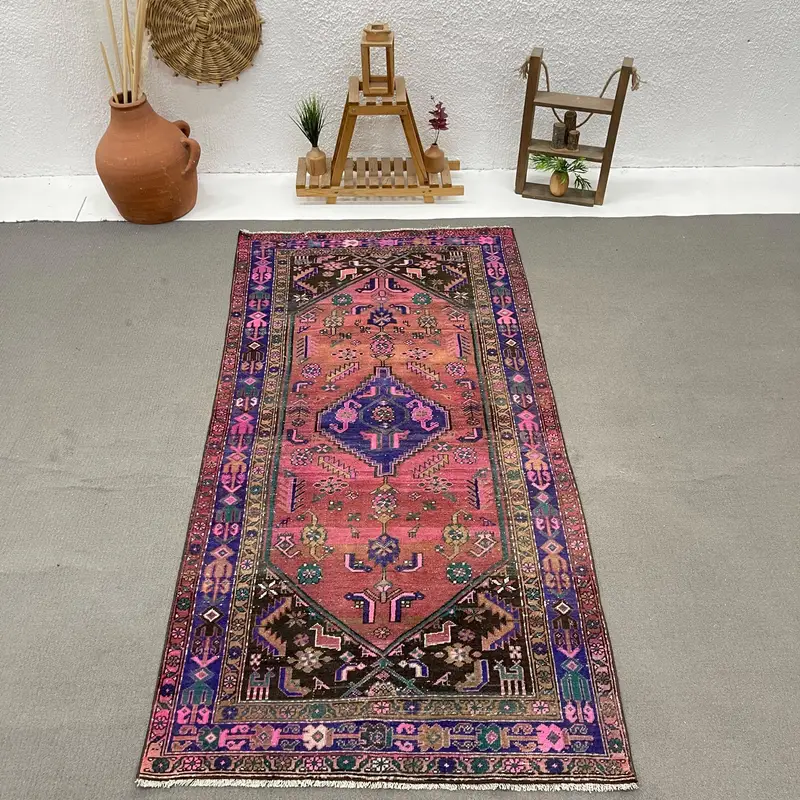 Vintage Turkish Oushak Rug 3.9x7.9 ft, Red Area Polka dot Wool Rug - 1