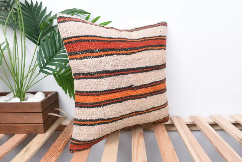 Vintage Kilim Pillow, Southwestern Pillow, Cushion Case, Kilim Rug Cushion, Turkish Pillow, 18x18 Orange Pillow, Ethnical Kilim Rug Pillow - 4