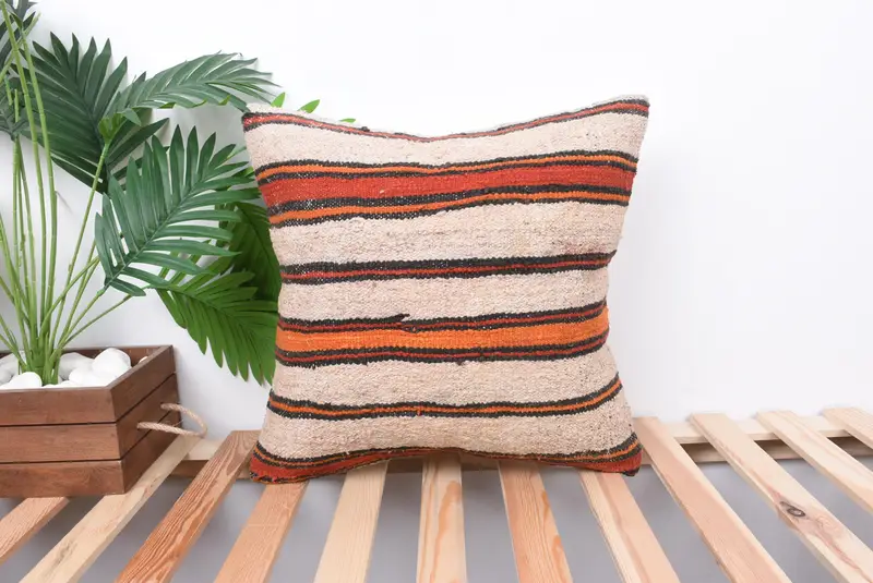 Vintage Kilim Pillow, Southwestern Pillow, Cushion Case, Kilim Rug Cushion, Turkish Pillow, 18x18 Orange Pillow, Ethnical Kilim Rug Pillow - 1
