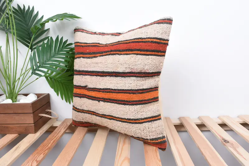 Vintage Kilim Pillow, Southwestern Pillow, Cushion Case, Kilim Rug Cushion, Turkish Pillow, 18x18 Orange Pillow, Ethnical Kilim Rug Pillow - 5