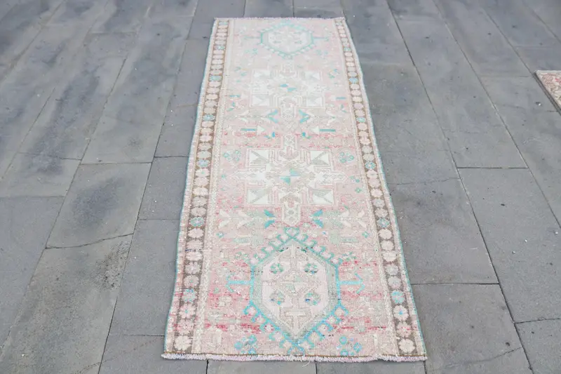 Vintage Oushak Runner Rug 2.4x6.7 ft (74x204 cm), Turkish Pink Abstract Rug - 1
