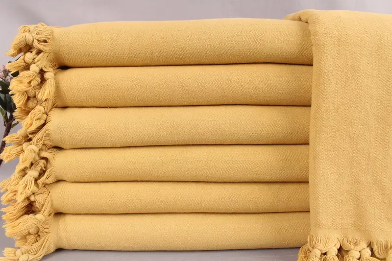 Handwoven Mustard Chevron Stonewashed Blanket, Beige, 69x87 Inches
