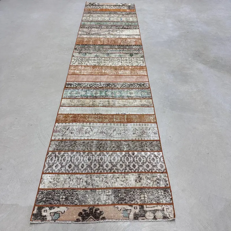 Türk Oushak Halısı 2,9x12,4 ft (88x377 cm), Turuncu Puantiyeli Vintage Halı - 1
