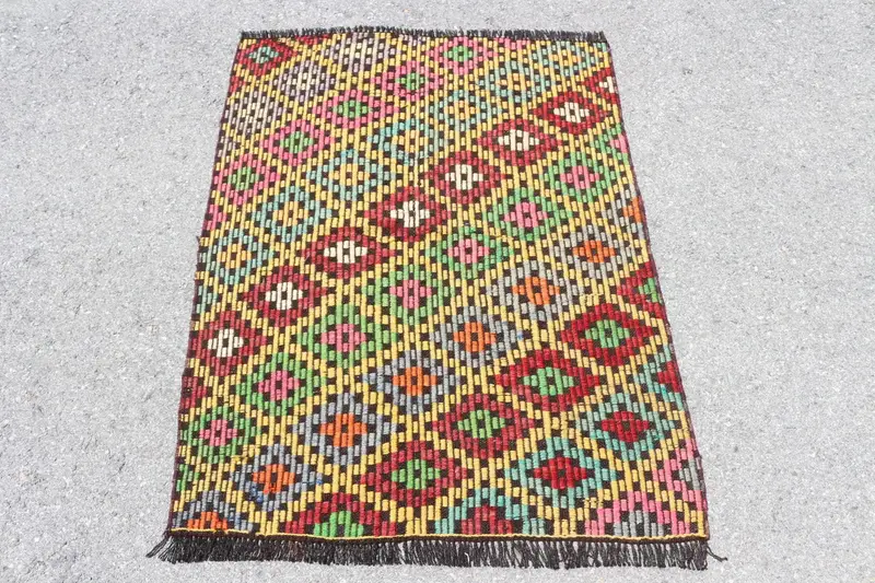 3x3.8 ft Vintage Turkish Rug, Small Rug, Red Yellow Wool Rug - 1