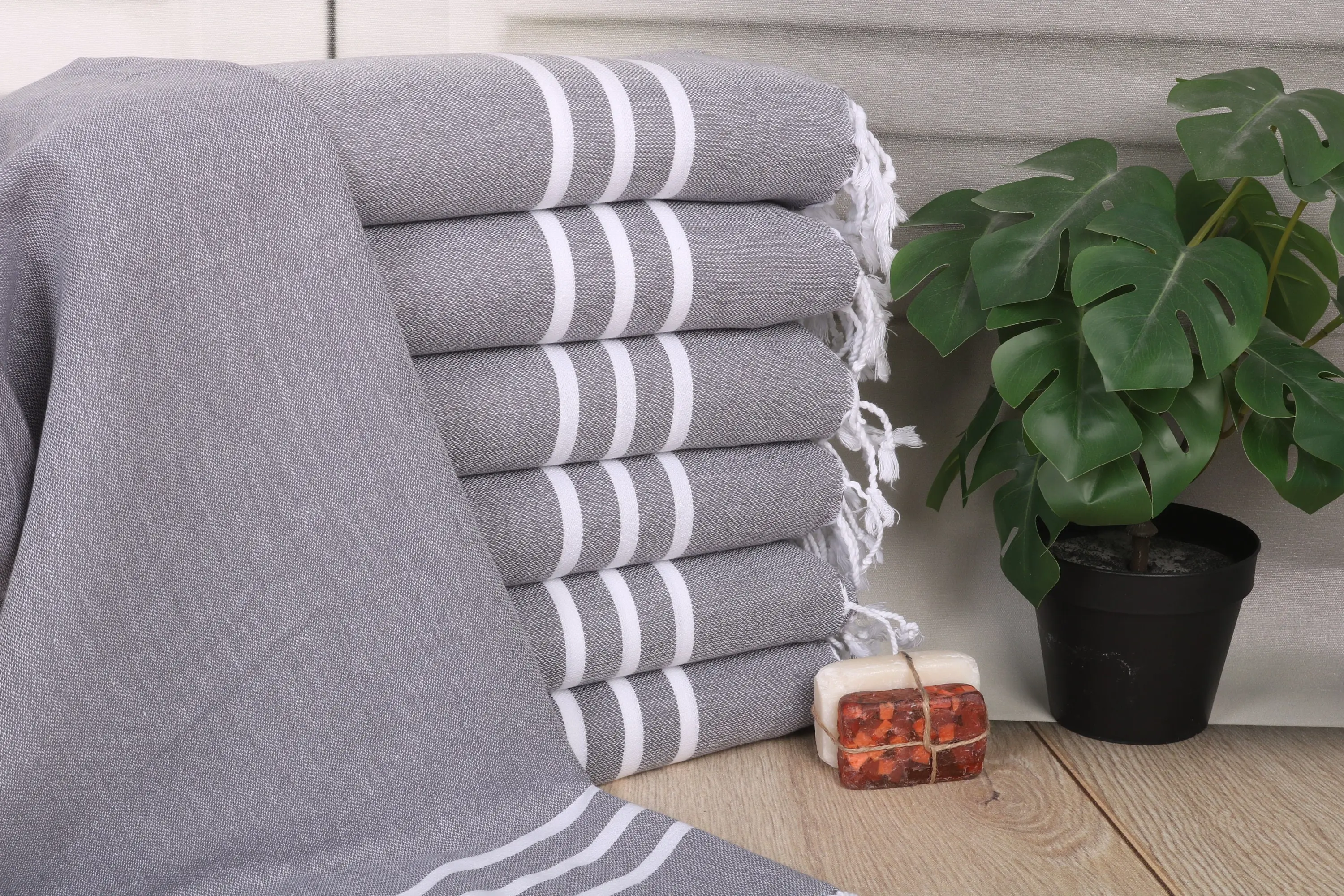 Striped Dish Towel Monogrammed Hand Towel Dark Gray Cotton, 20x40 Inches - 1