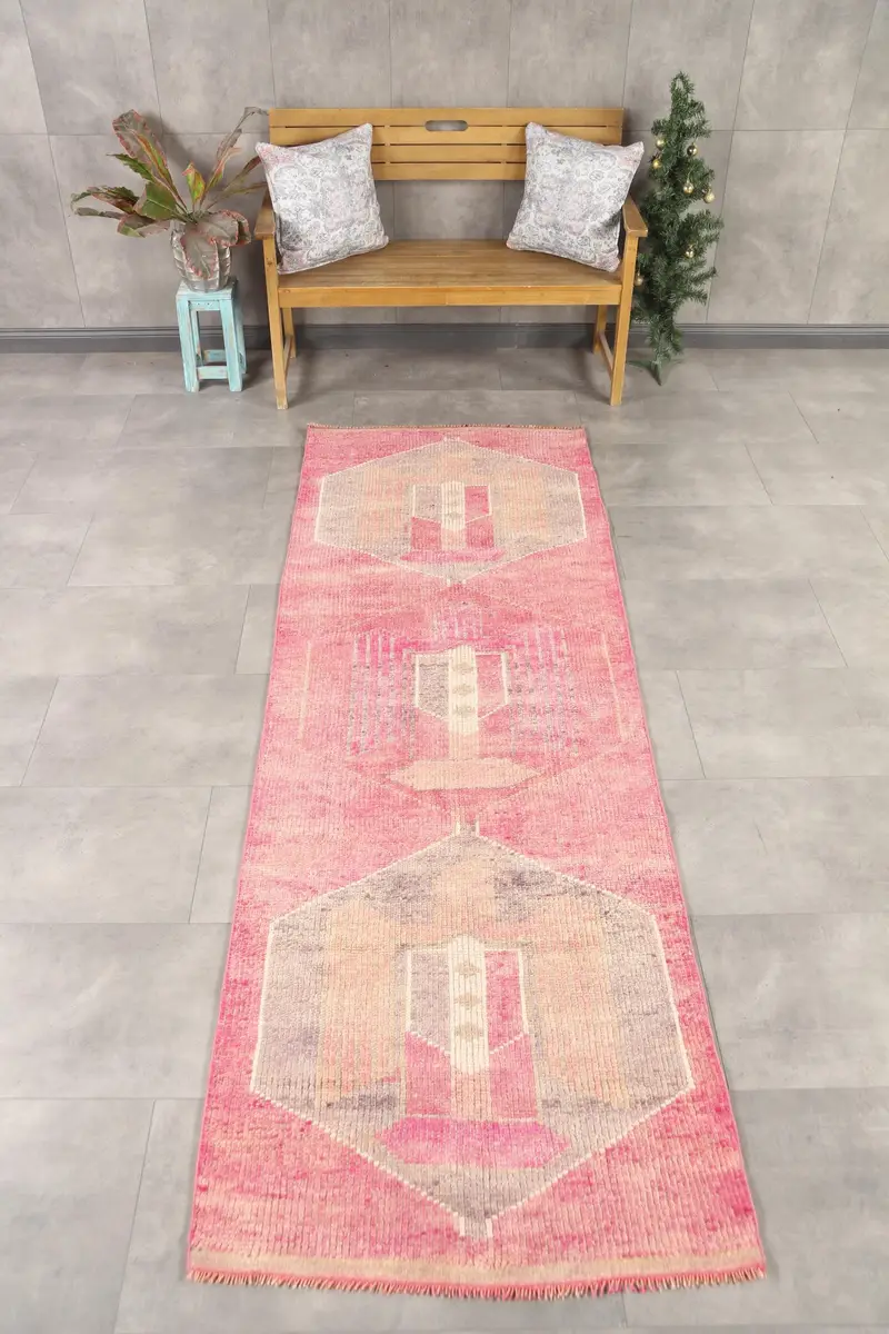 3.1x9.6 ft Herki Türk Halısı, Pembe Katı Vintage Halı Yün - 1