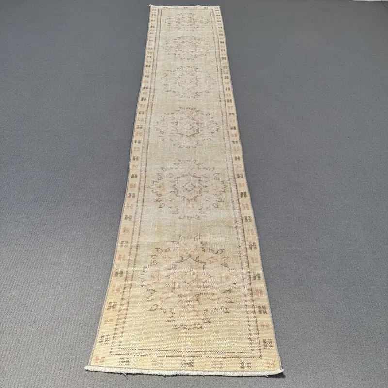 2.1x10.8 ft Oushak Turkish Rug, Beige Patchwork Vintage Rug Wool - 1