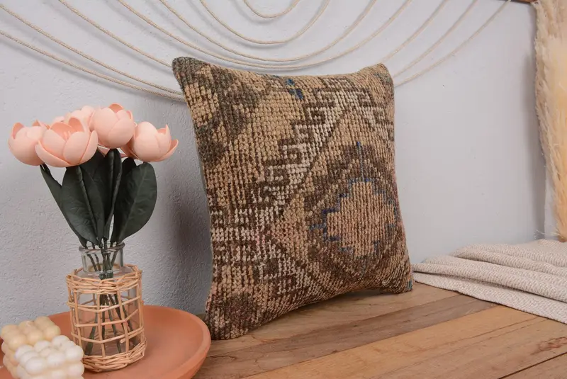 Almohada de tiro bordada del suroeste hecha a mano, almohada vintage beige y marrón