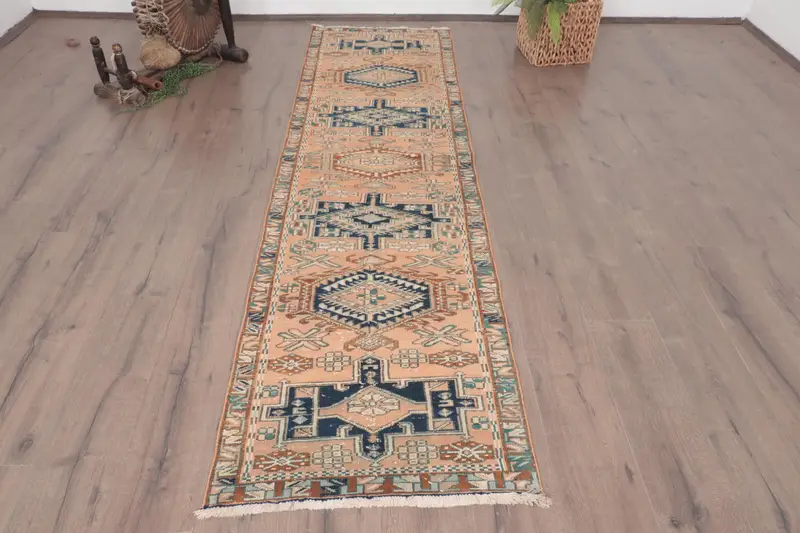 2.3x9.1 ft Turkish Vintage Rug, Runner Rug, Oushak Blue Wool Rug - 1