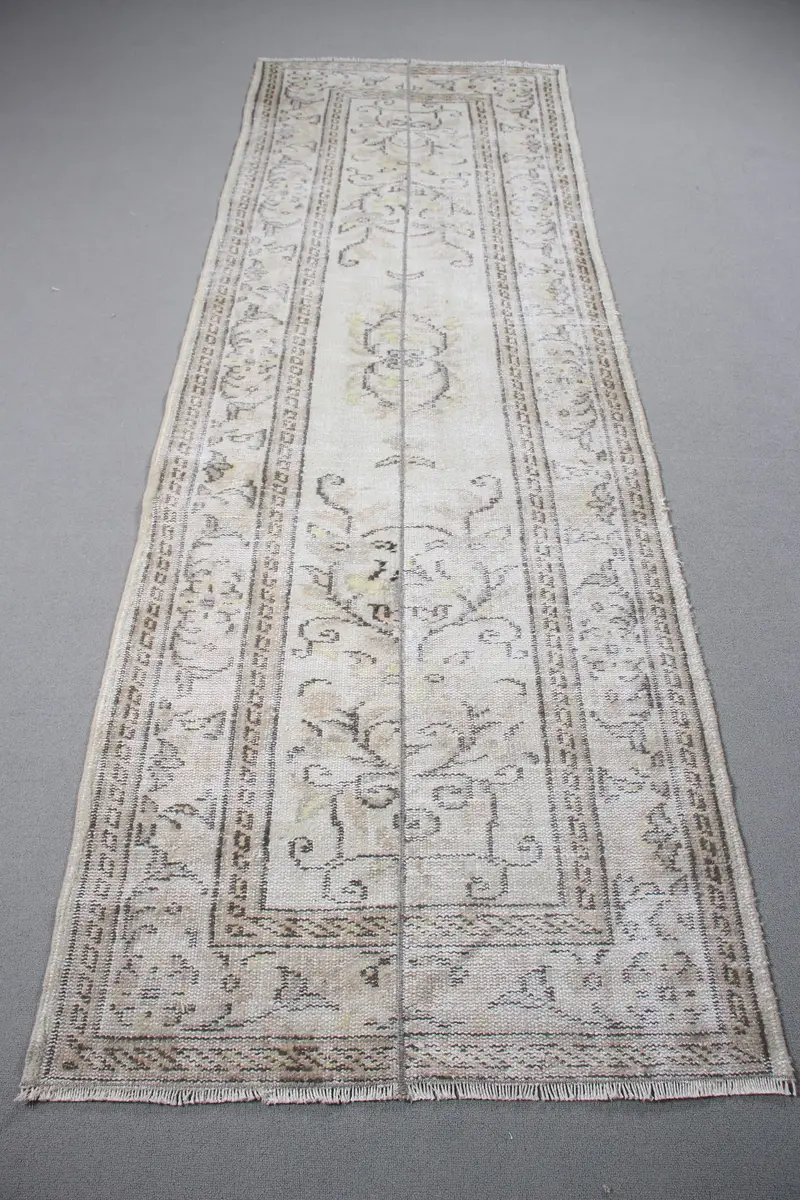 Türk Vintage Runner Halısı 3.1x9.2 ft, Beyaz Gri Düz Halı - 1