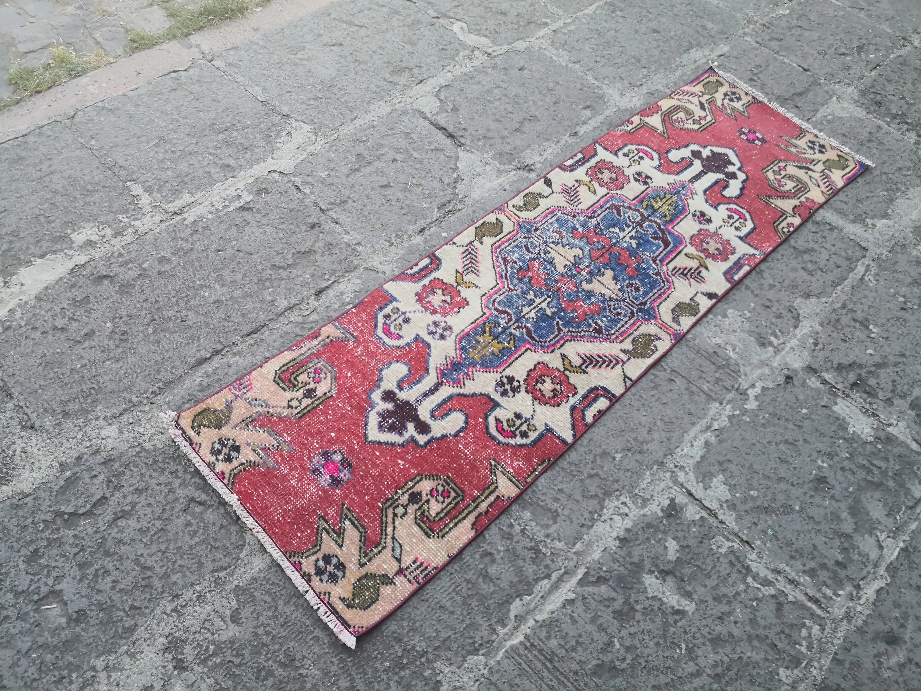 Vintage 1.9x6.5 ft Rug, Runner Turkish Rug, Red Blue Oriental Rug - 1