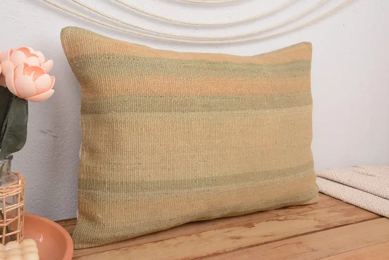 Bej&Kahverengi Çizgili Yastık, 16x24 Nakışlı Kırlent