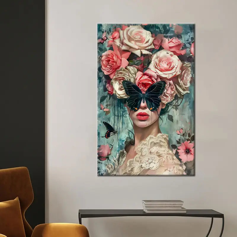 エレガントな蝶と花柄の女性キャンバスプリント - 鮮やかな装飾