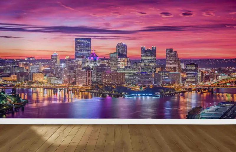 Baskılı Pittsburgh Şehir Manzarası Duvar Kağıdı: Gece Görünümü, Zarif Ofis Dekoru