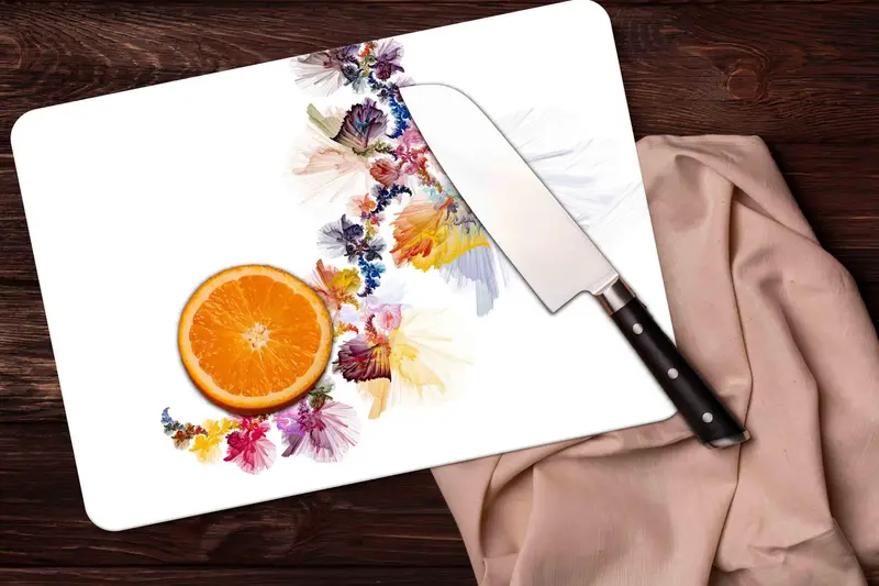 Tabla de cortar de vidrio con estampado floral y diseño de seguridad templado