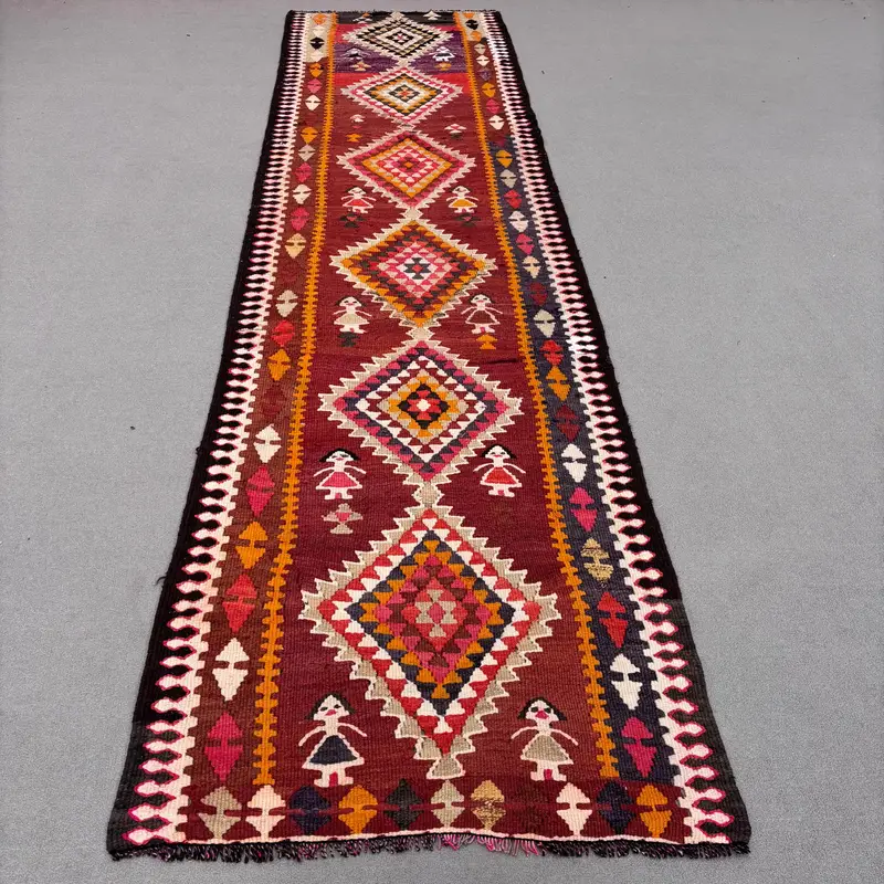 Mor ve Yeşil Halı, 3,2x12,2 ft Botanik Tasarım