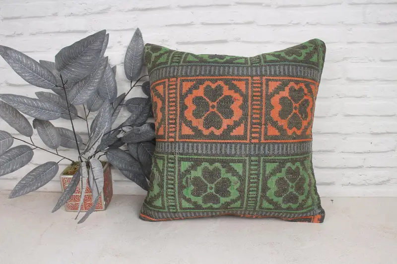 Indoor Pillow Sham, Kilim Pillow, Gift Pillow, Outdoor Pillow, Turkish Rugs Cushion, Cushion Case, 20x20 Green Pillow Case, Pillow for Couch - 1