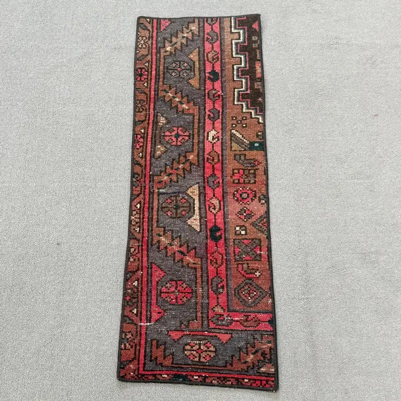 Turkish 1x2.9 ft Rug, Small Vintage Rug, Red Check Wool Rug - 1