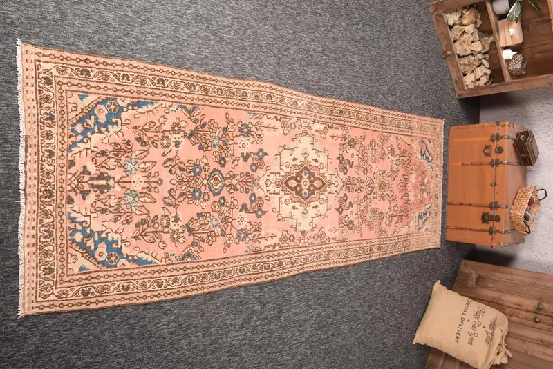 Herki-Teppich, 3,5 x 10,1 Fuß türkischer Teppich, rosa Blumenteppichwolle - 1