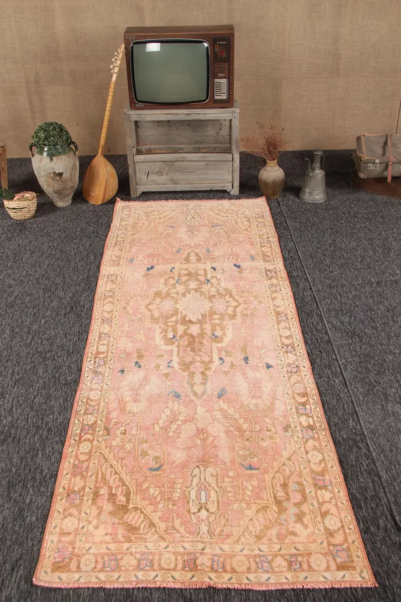 3.5x9.4 ft Runner Vintage Turkish Rug, Pink Moroccan Wool Rug - 1