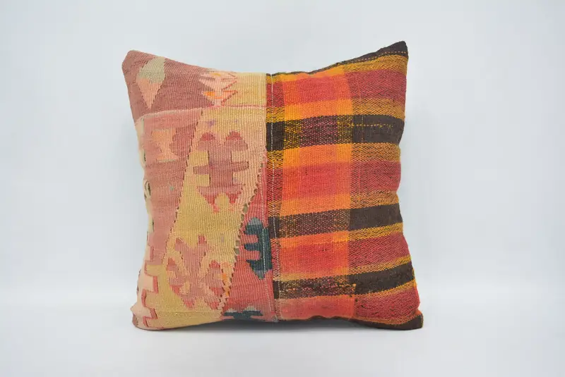 Throw Kilim Pillow, Pillow for Couch, Square Throw Cushion, 14x14 Orange Pillow Case, Cushion, Cotton Pillow Case, Interior Designer Pillow - 1