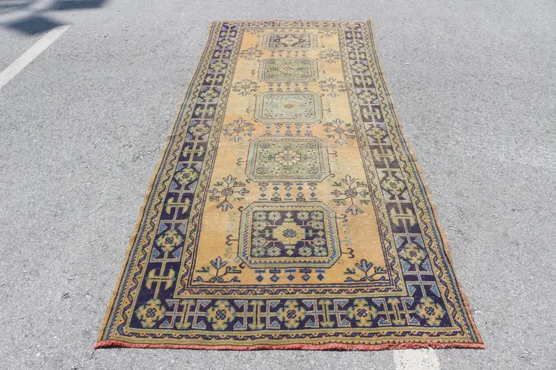 Vintage Türk Halısı, 4.3x10.5 ft Oushak Halı, Turuncu Yeşil Soyut Yün Halı - 1