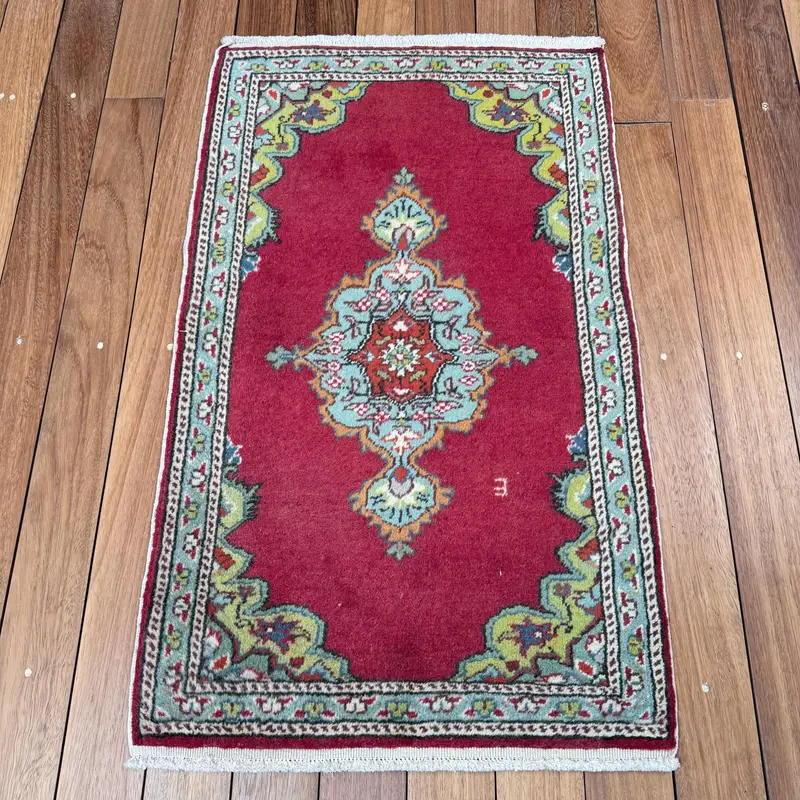 Vintage Turkish Oushak Rug 1.9x3.2 ft (58x97 cm), Red Check Wool Rug - 1