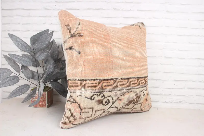 Office Chair Cushion Cover, Vintage Pillow, 24x24 Orange Pillow, Throw Kilim Pillow, Boho Pillow, Cushion Cover, Designer Throw Pillow Sham - 3