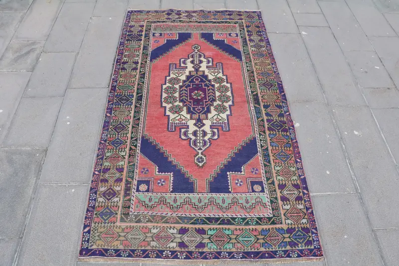 Turkish Vintage Rug 4x7.2 ft (121x219 cm), Oushak Red Blue Oriental Rug - 1