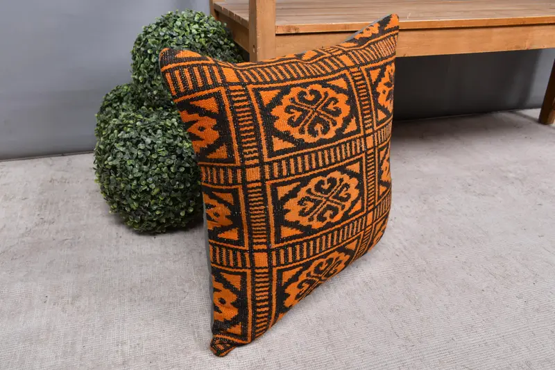 Kilim Rug Pillow Cover, Pillow, Oriental Pillow, Kilim Pillow Cover, Kilim Cushion Sham, 20x20 Orange Cushion Cover, Antique Pillows - 7