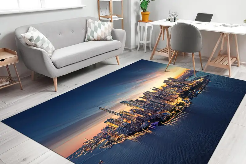 Alfombra estampada elegante: diseño de paisaje marino y atardecer del horizonte de Nueva York