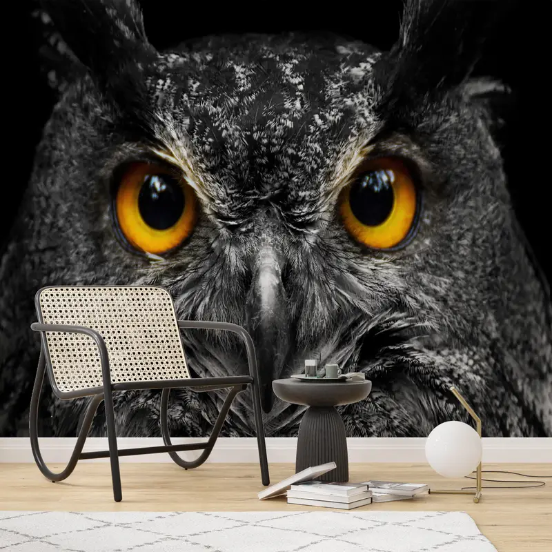 Eleganter Loft-Tapetendruck mit Eulenaugen in Schwarz und Weiß
