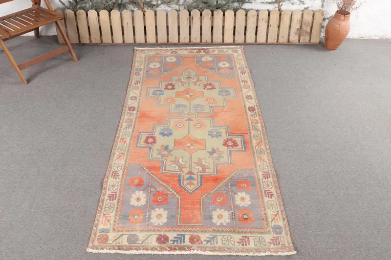 Handmade Orange & Blue Rug, 3,4x7,1 ft Geometric Floral