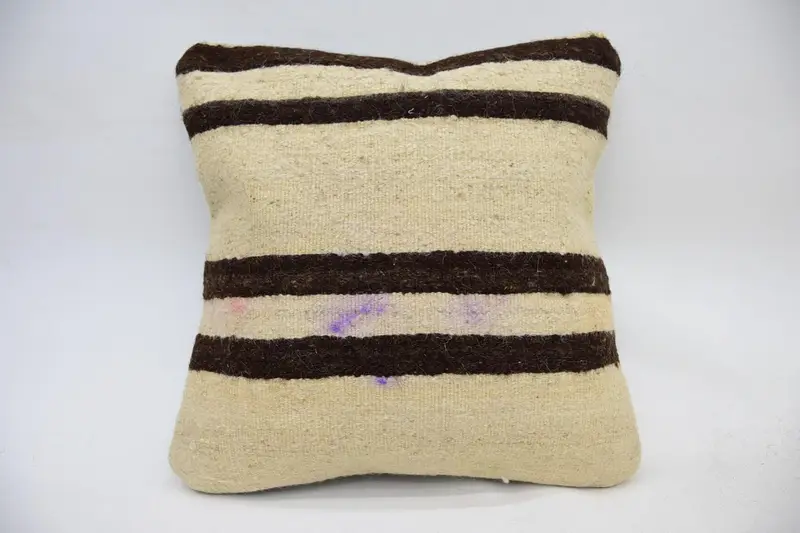 Striped Beige Throw Pillow Case, Gift 16x16 inch Wool Cushion Cover - 1