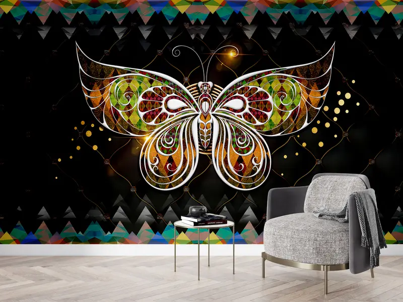 Modern Wall Paper,Butterfly And Colored Triangles,Custom Wall Paper,Animal Wallpaper,3d Wall Paper,Colorful Wall Painting, - 4