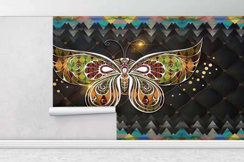 Modern Wall Paper,Butterfly And Colored Triangles,Custom Wall Paper,Animal Wallpaper,3d Wall Paper,Colorful Wall Painting, - 1