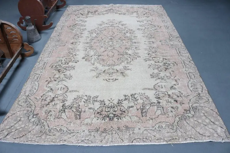 6.3x10 ft Vintage Türk Halısı, Büyük Halı, Gri Pembe Fas Yün Halısı - 1
