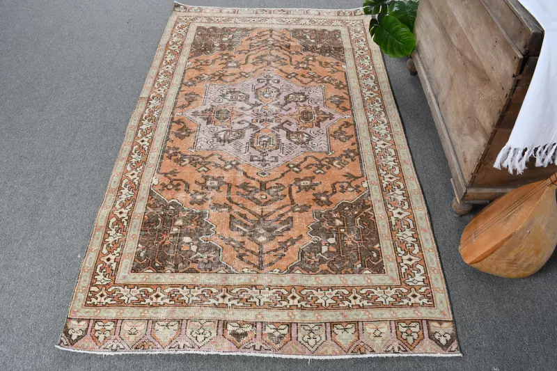 Handmade Orange Rug, 3,2x0,6 ft Geometric with Floral Motifs