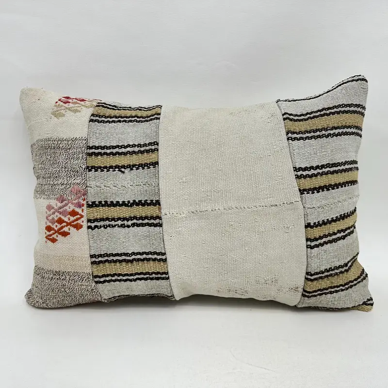 Beige & braunes Patchwork-Wurfkissen, handgefertigtes besticktes Kissen