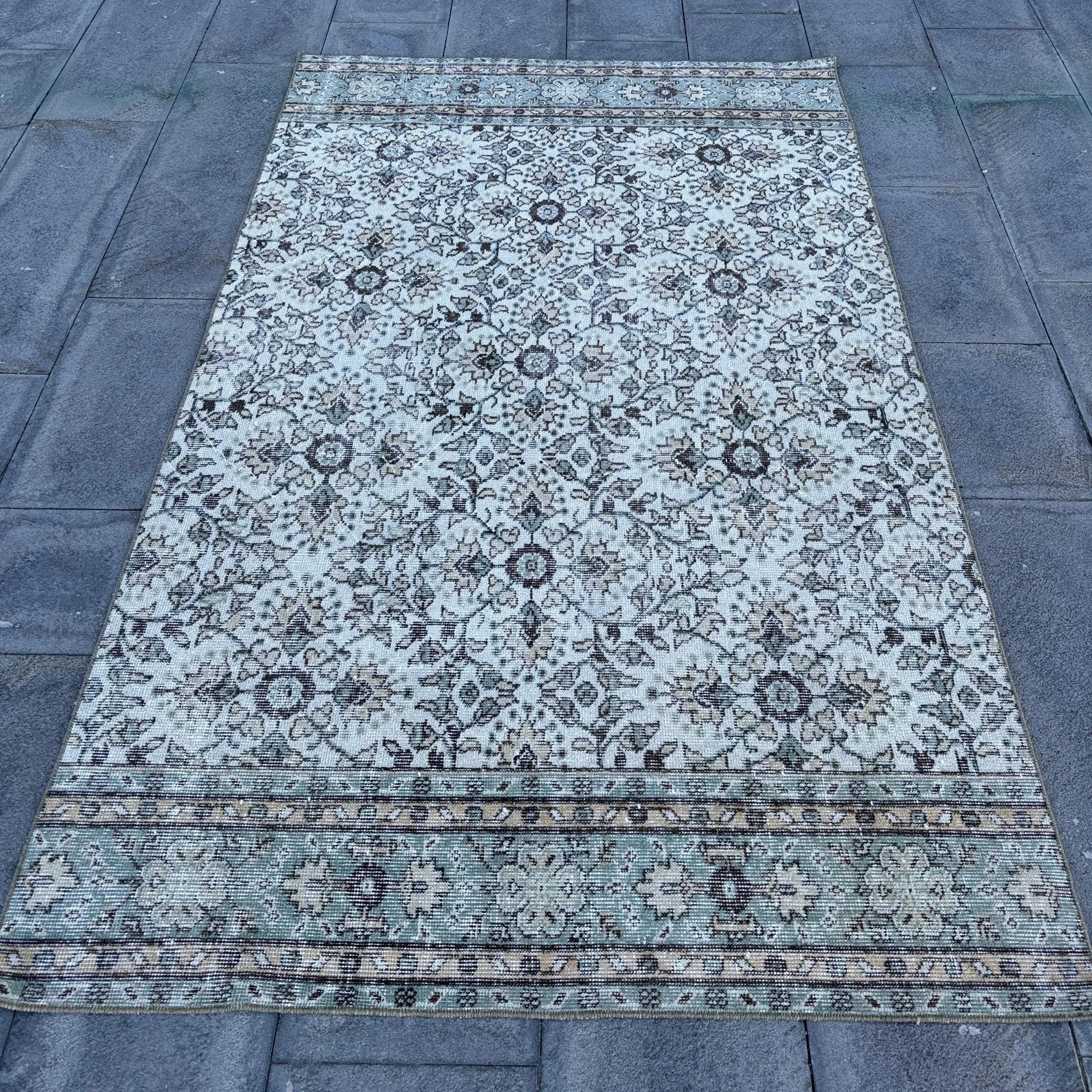 Turkish Vintage Area Rug 4.3x7.4 ft, Blue Wool Rug - 1