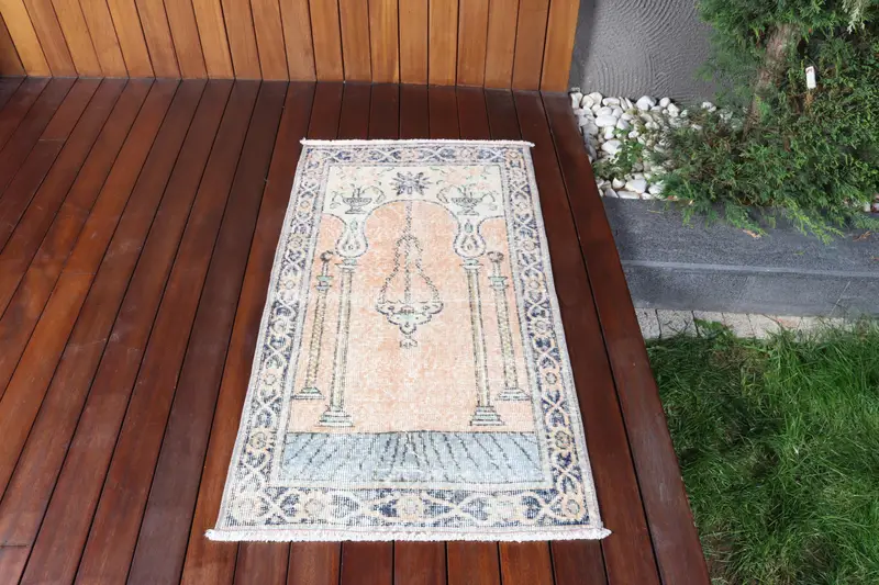 Alfombra turca vintage pequeña de 80 x 120 cm, alfombra de lana azul Oushak - 1
