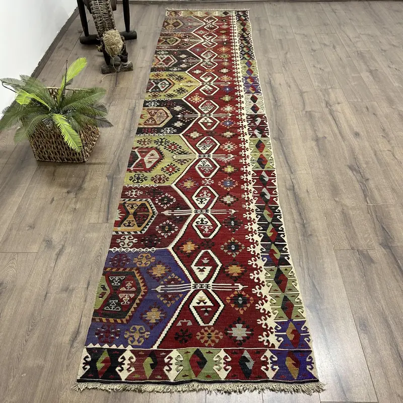 Alfombra abstracta roja, 2,8x12,2 ft con detalles en verde