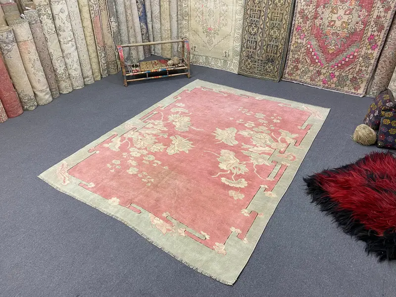 5.3x7 ft Halı, Pembe ve Yeşil Çiçek-Geometrik Tasarım