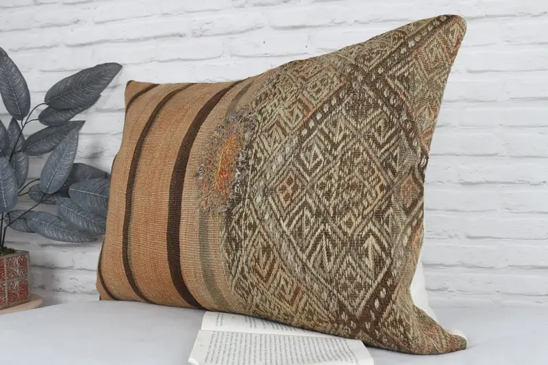 Vintage Kilim Pillow, Knitted Pillow Sham, Throw Kilim Pillow, Antique Pillows, Car Pillow Sham, Pillow Case, 20x28 Beige Pillow Cover - 4