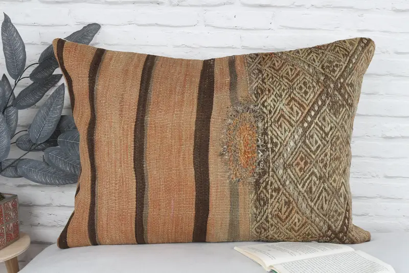 Vintage Kilim Pillow, Knitted Pillow Sham, Throw Kilim Pillow, Antique Pillows, Car Pillow Sham, Pillow Case, 20x28 Beige Pillow Cover - 2