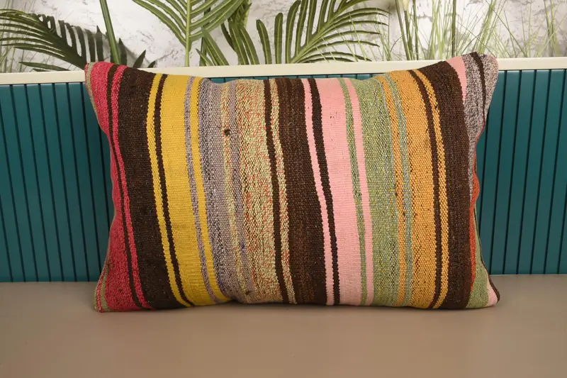 Wool Minimalist Throw Pillow Sham, Thanksgiving Gift Yellow Striped Moroccan Cushion Cover - 1