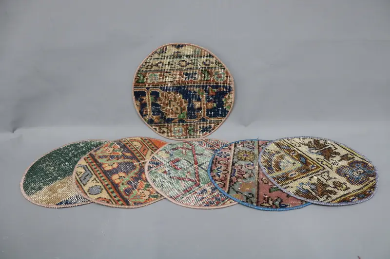 Mantel individual bohemio con círculo azul y rosa, decoración de mesa de algodón y lana