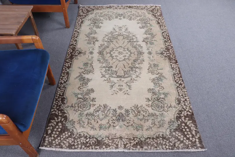 Vintage Halı, 3.6x6.8 ft Alan Halısı, Kahverengi Mavi Oushak Yün Halı - 1