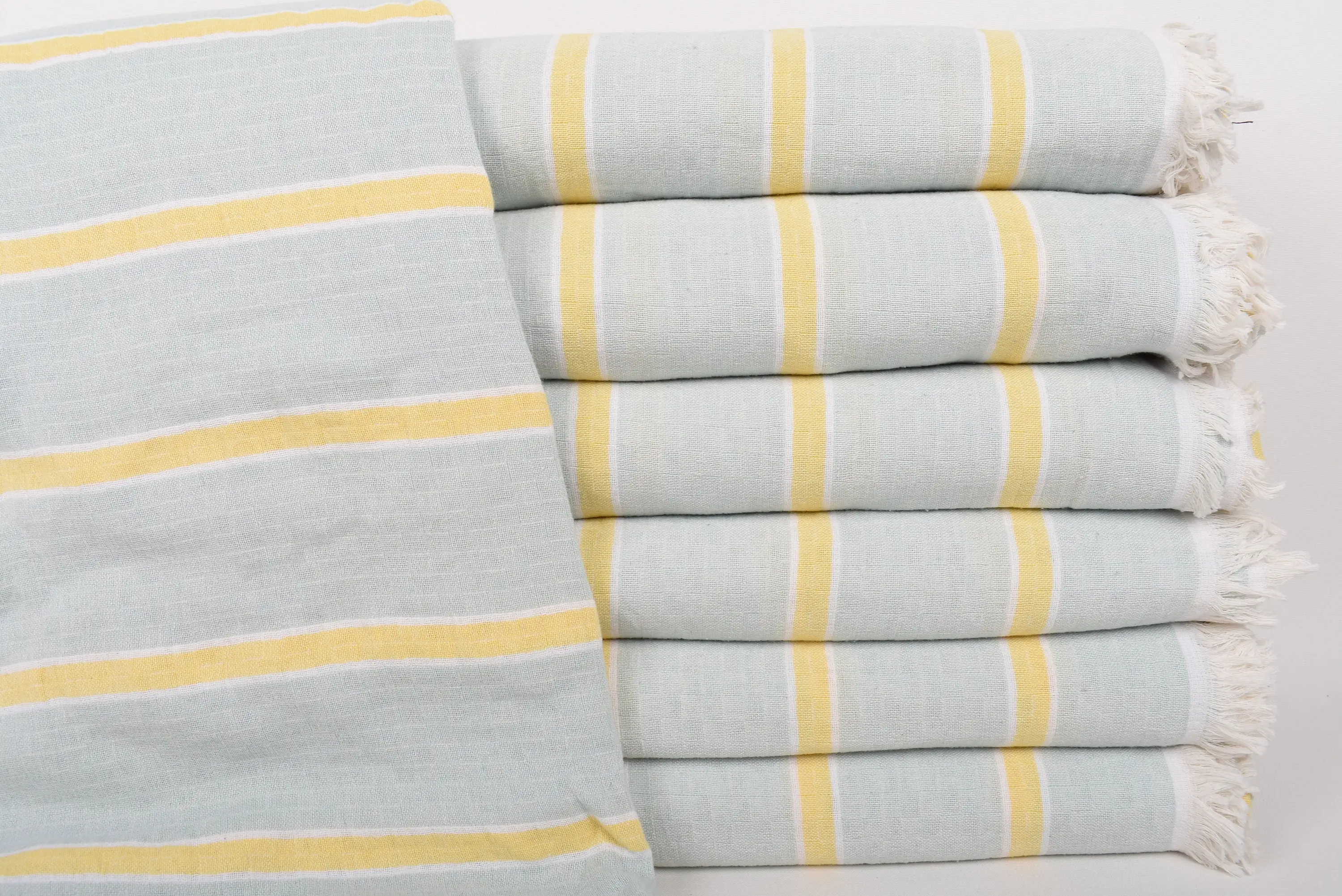 Monogram Blanket, 95x83 Mint-Yellow Striped Throw, Turkish Organic Cotton - 1